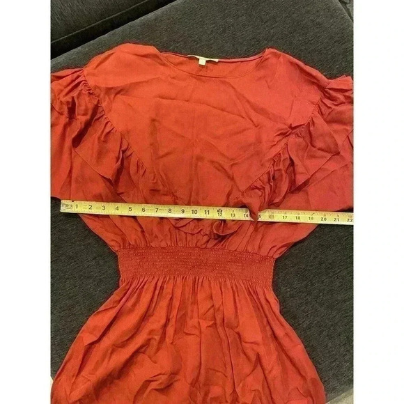 Gianni Bini Dress Small S 2 4 6 Red Orange Long Sleeve Ruffle wedding guest midi - Picture 6 of 7